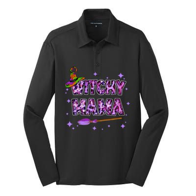 Witchy Mama Halloween Leopard Funny Witch Mom Spooky Gift Silk Touch Performance Long Sleeve Polo