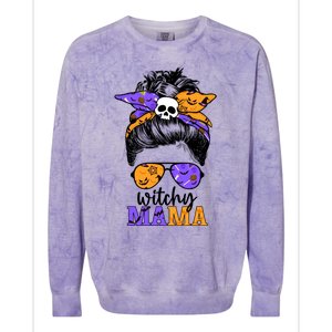 Witchy Mama Halloween Skull Witch Mom Messy Bun Spooky Great Gift Colorblast Crewneck Sweatshirt