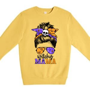 Witchy Mama Halloween Skull Witch Mom Messy Bun Spooky Great Gift Premium Crewneck Sweatshirt