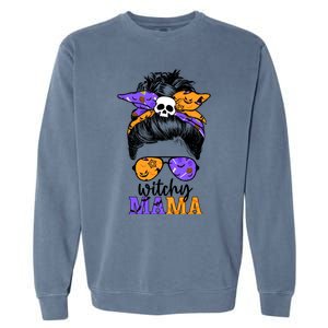 Witchy Mama Halloween Skull Witch Mom Messy Bun Spooky Great Gift Garment-Dyed Sweatshirt