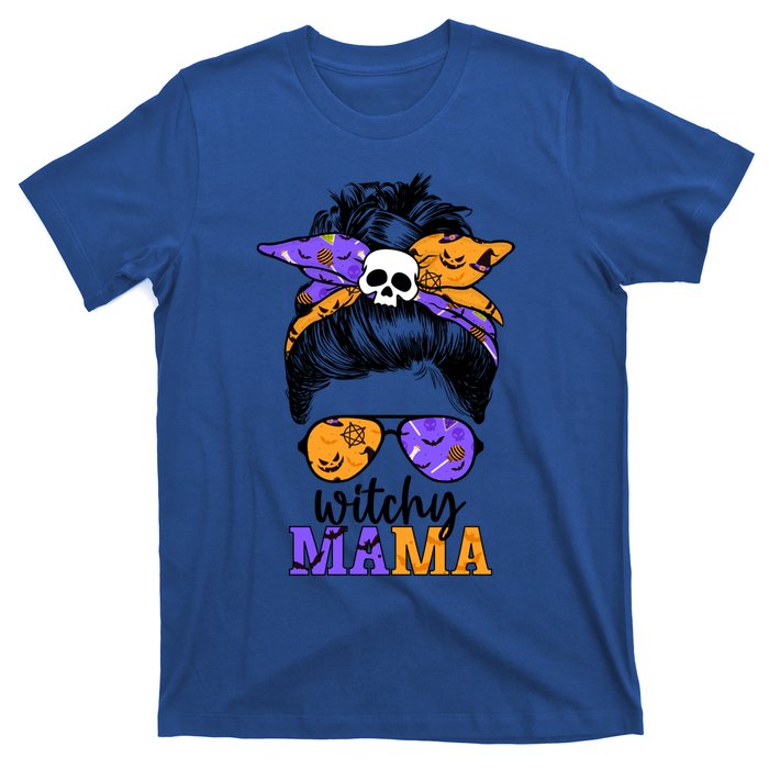 Witchy Mama Halloween Skull Witch Mom Messy Bun Spooky Great Gift T-Shirt