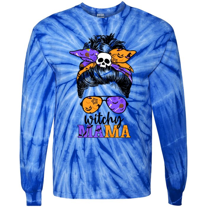 Witchy Mama Halloween Skull Witch Mom Messy Bun Spooky Great Gift Tie-Dye Long Sleeve Shirt