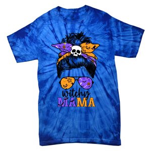 Witchy Mama Halloween Skull Witch Mom Messy Bun Spooky Great Gift Tie-Dye T-Shirt