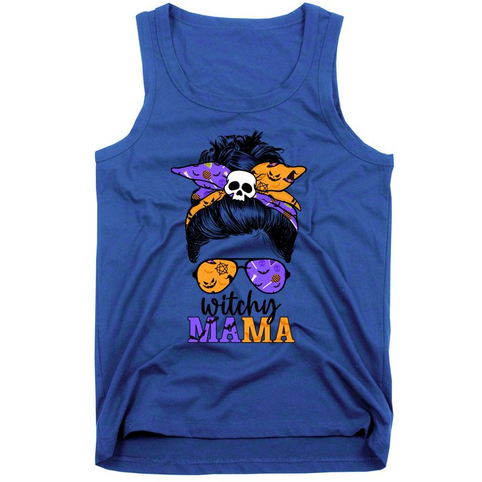 Witchy Mama Halloween Skull Witch Mom Messy Bun Spooky Great Gift Tank Top