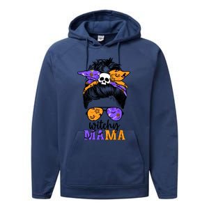 Witchy Mama Halloween Skull Witch Mom Messy Bun Spooky Great Gift Performance Fleece Hoodie