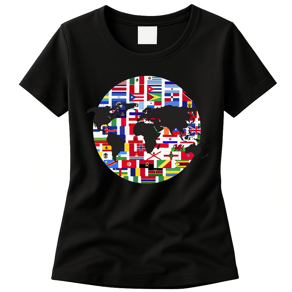 World Map International Country Flags Traveling World Flags Womens T-Shirt