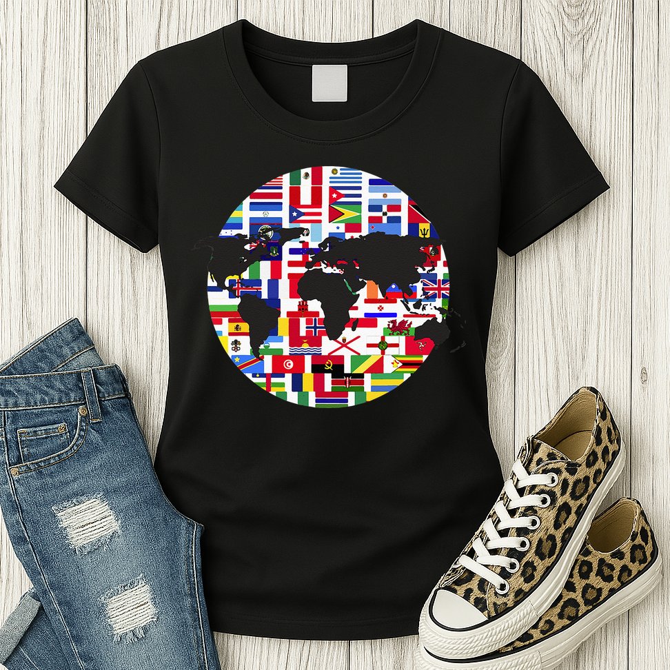 World Map International Country Flags Traveling World Flags Womens T-Shirt