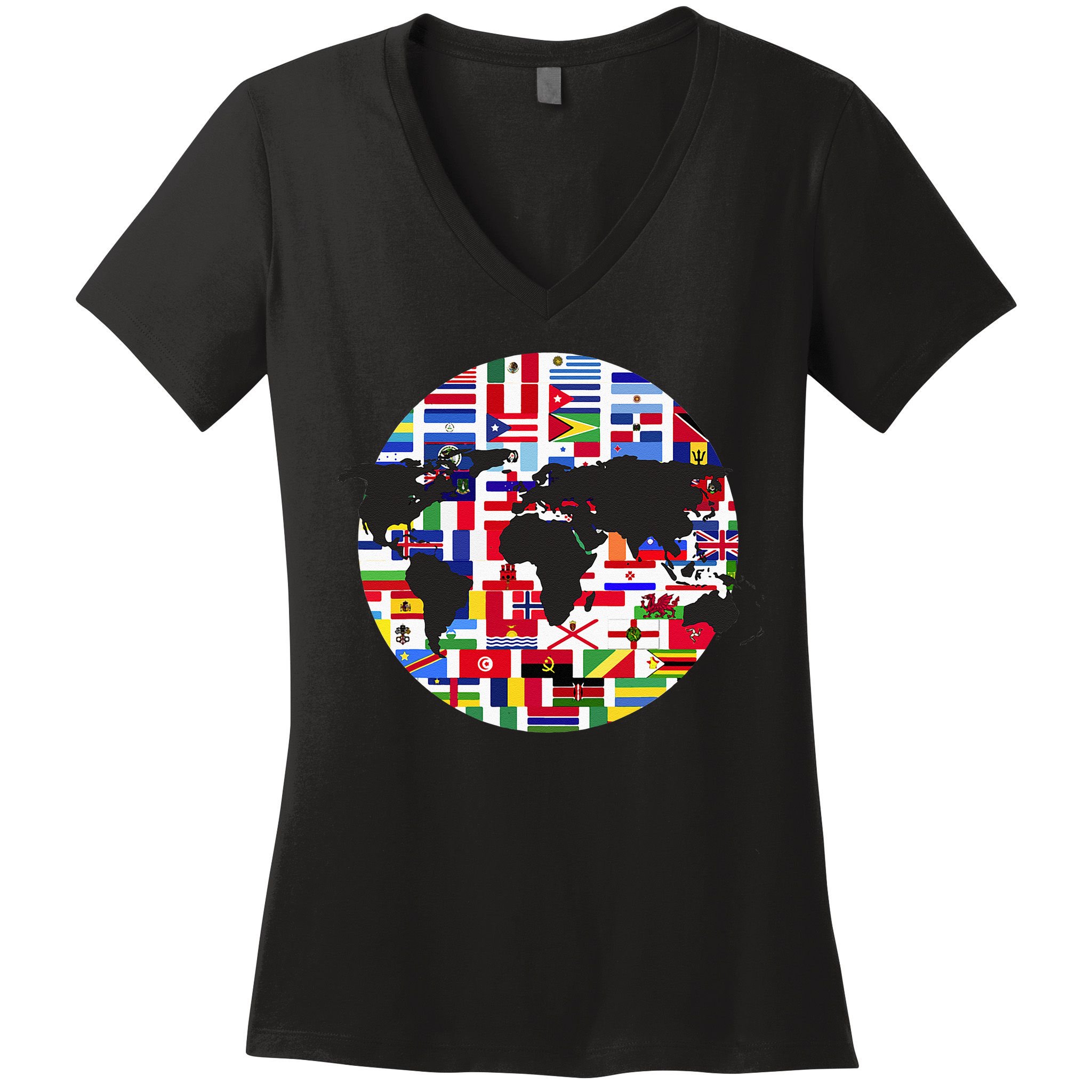 World Map International Country Flags Traveling World Flags Women's V-Neck T-Shirt