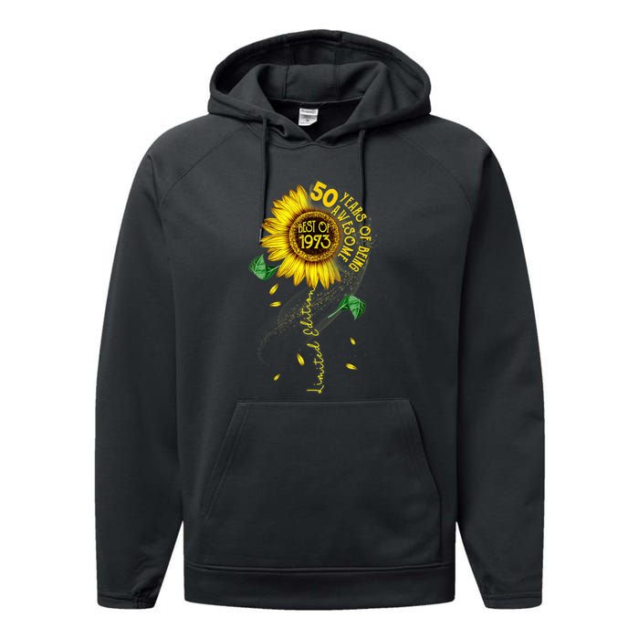 Womens Made In 1973 Sunflower 50th Birthday Gift Performance Fleece Hoodie