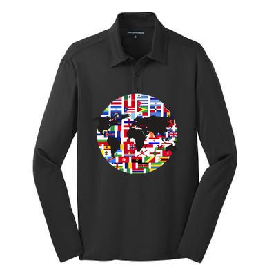 World Map International Country Flags Traveling World Flags Silk Touch Performance Long Sleeve Polo