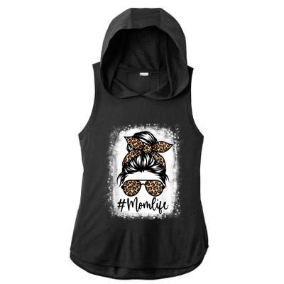 Women Mom Life Bleached Shirt Mom Life Leopard Messy Bun Ladies PosiCharge Tri-Blend Wicking Draft Hoodie Tank