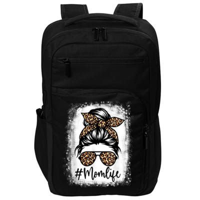 Women Mom Life Bleached Shirt Mom Life Leopard Messy Bun Impact Tech Backpack