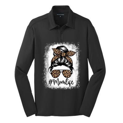 Women Mom Life Bleached Shirt Mom Life Leopard Messy Bun Silk Touch Performance Long Sleeve Polo