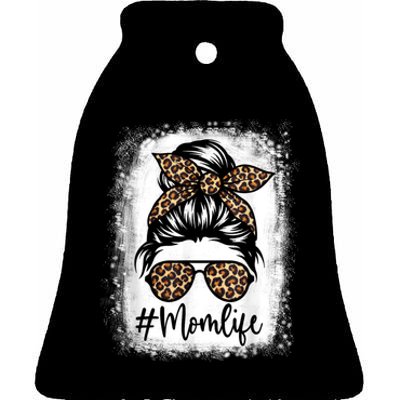 Women Mom Life Bleached Shirt Mom Life Leopard Messy Bun Ceramic Bell Ornament