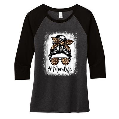 Women Mom Life Bleached Shirt Mom Life Leopard Messy Bun Women's Tri-Blend 3/4-Sleeve Raglan Shirt