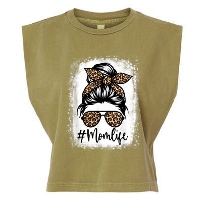 Women Mom Life Bleached Shirt Mom Life Leopard Messy Bun Garment-Dyed Women's Muscle Tee