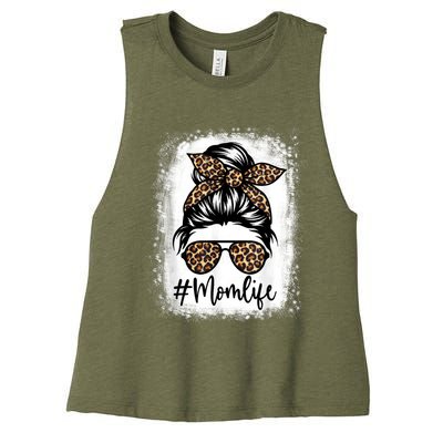 Women Mom Life Bleached Shirt Mom Life Leopard Messy Bun Women's Racerback Cropped Tank