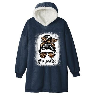 Women Mom Life Bleached Shirt Mom Life Leopard Messy Bun Hooded Wearable Blanket