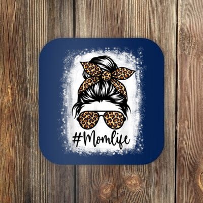 Women Mom Life Bleached Shirt Mom Life Leopard Messy Bun Coaster