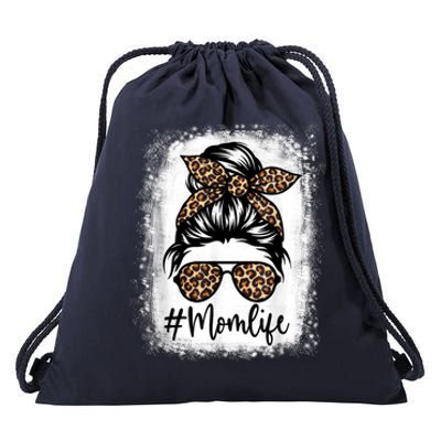 Women Mom Life Bleached Shirt Mom Life Leopard Messy Bun Drawstring Bag