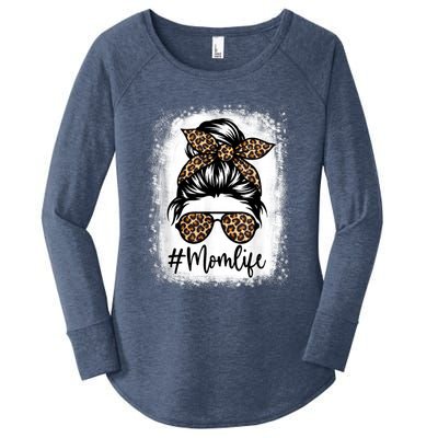 Women Mom Life Bleached Shirt Mom Life Leopard Messy Bun Women's Perfect Tri Tunic Long Sleeve Shirt