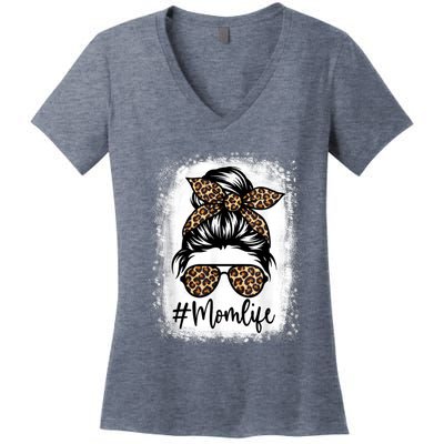 Women Mom Life Bleached Shirt Mom Life Leopard Messy Bun Women's V-Neck T-Shirt