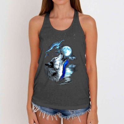 Wolf Moon Lake Wolf Howling Full Moon Wolf Graphics Design Women's Knotted Racerback Tank