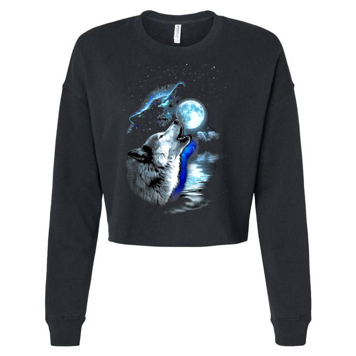 Wolf Moon Lake Wolf Howling Full Moon Wolf Graphics Design Cropped Pullover Crew