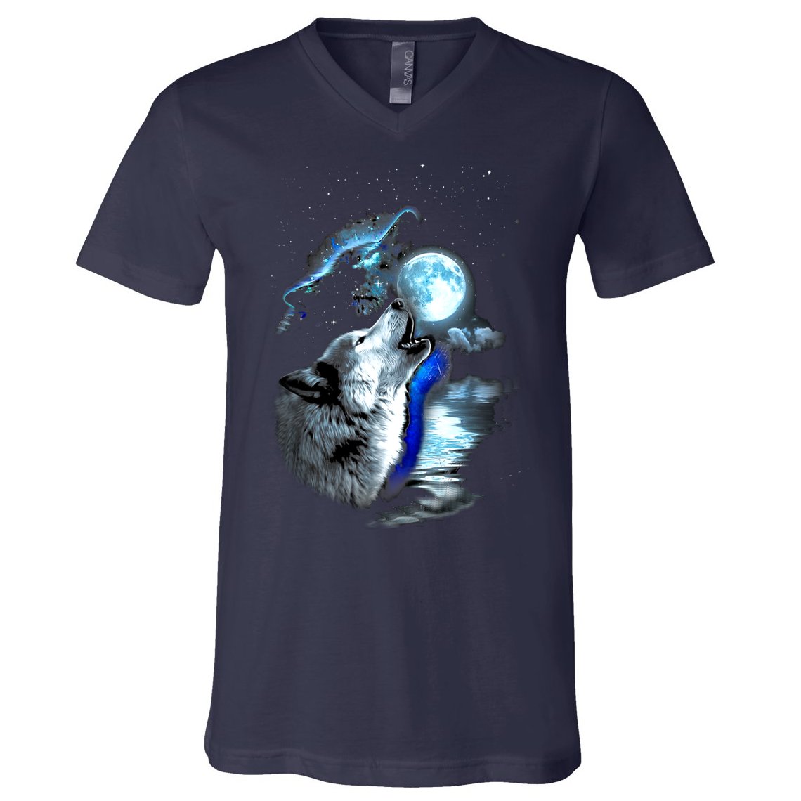 Wolf Moon Lake Wolf Howling Full Moon Wolf Graphics Design V-Neck T-Shirt