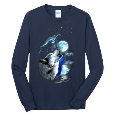 Wolf Moon Lake Wolf Howling Full Moon Wolf Graphics Design Tall Long Sleeve T-Shirt