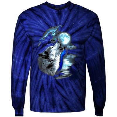 Wolf Moon Lake Wolf Howling Full Moon Wolf Graphics Design Tie-Dye Long Sleeve Shirt