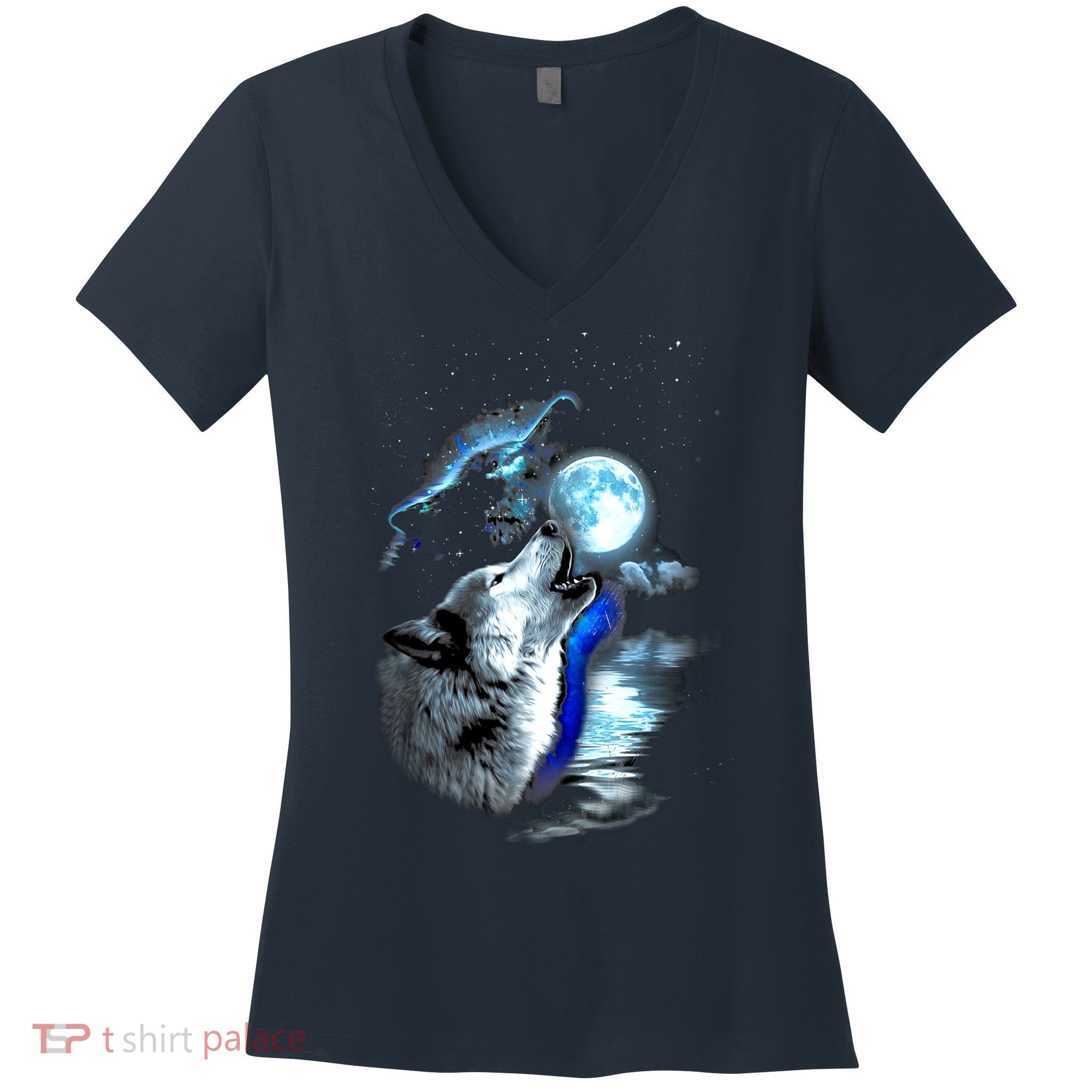 Wolf Moon Lake Wolf Howling Full Moon Wolf Graphics Design Women's V-Neck T-Shirt