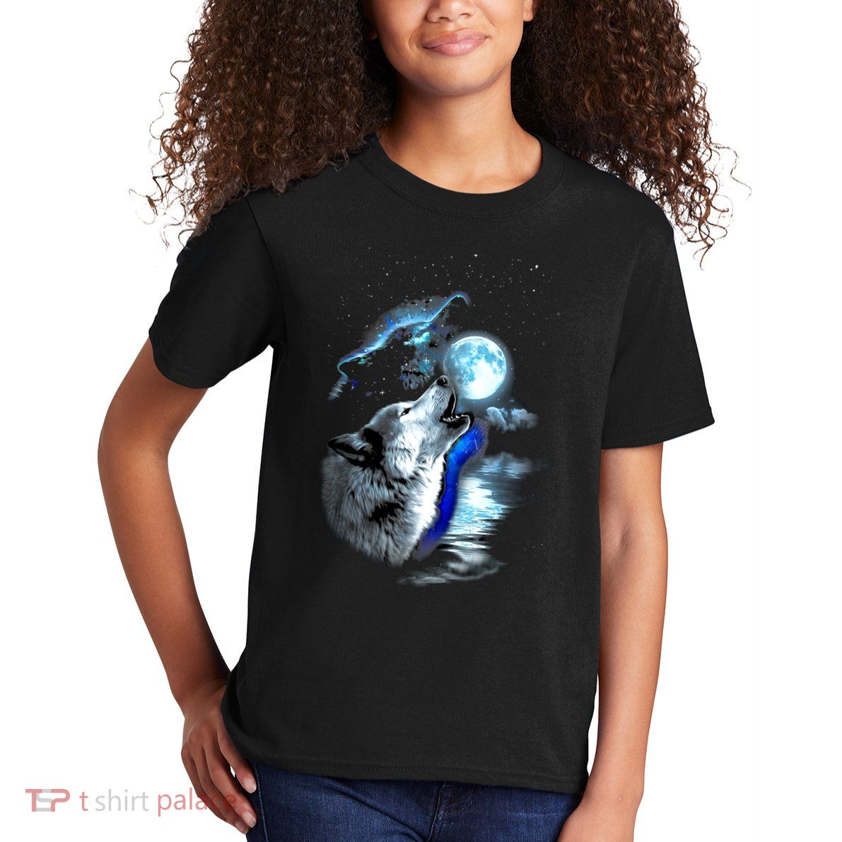 Wolf Moon Lake Wolf Howling Full Moon Wolf Graphics Design Kids T-Shirt