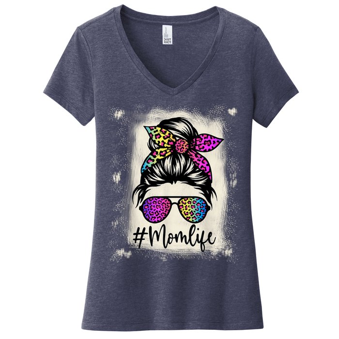 Womens Mom Life Bleached Rainbow Leopard Shirt Mama Mother Women's V-Neck T-Shirt