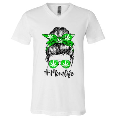 Weed Mom Life Smoker Pot Leaf Cannabis Marijuana Stoner 420 V-Neck T-Shirt