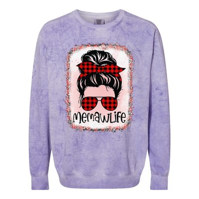 Women Memaw Life Bleached Messy Bun Memaw Life Red Plaid Colorblast Crewneck Sweatshirt