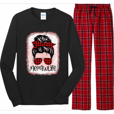 Women Memaw Life Bleached Messy Bun Memaw Life Red Plaid Long Sleeve Pajama Set