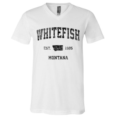 Whitefish Montana Mt Vintage Sports Design Black Print V-Neck T-Shirt