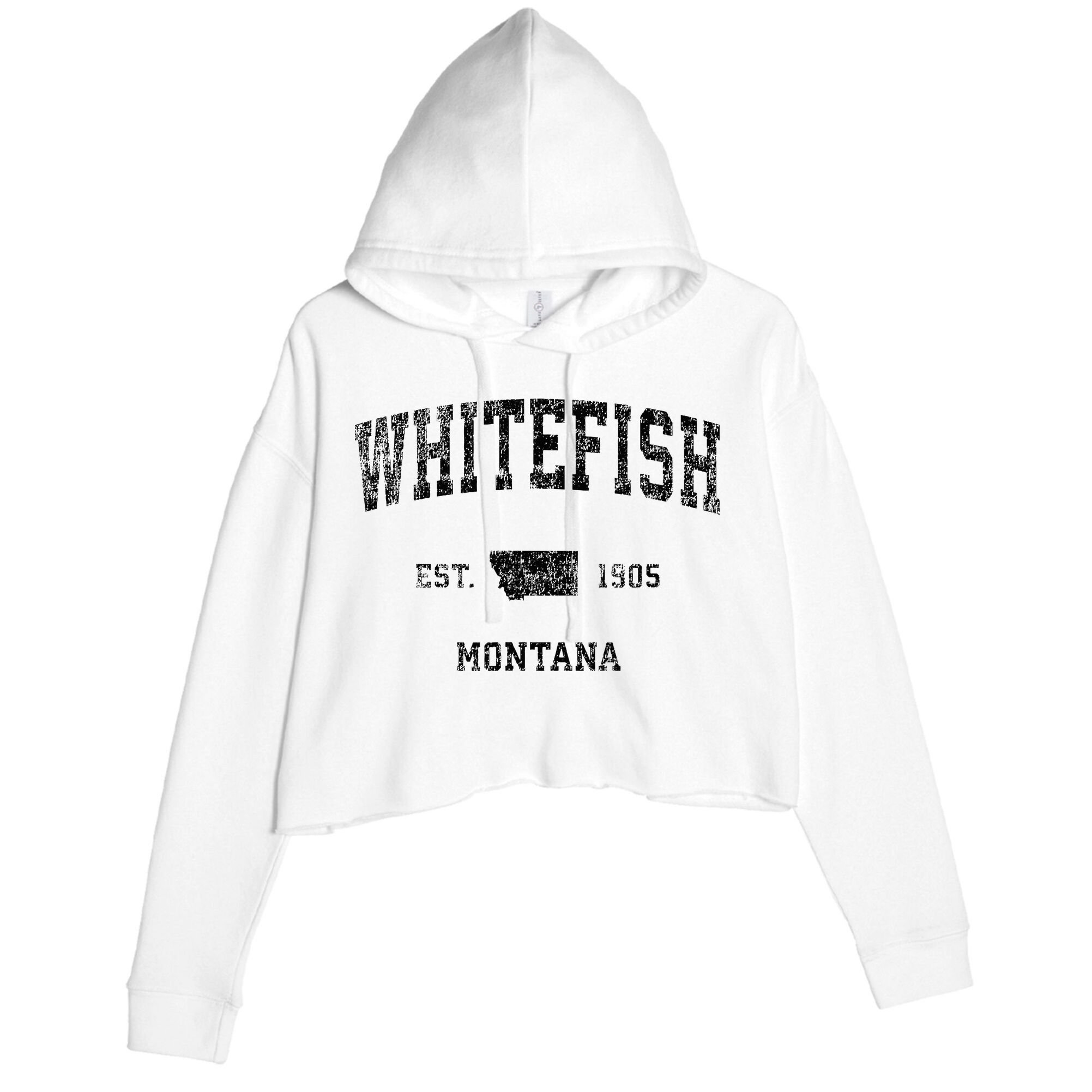 Whitefish Montana Mt Vintage Sports Design Black Print Crop Fleece Hoodie