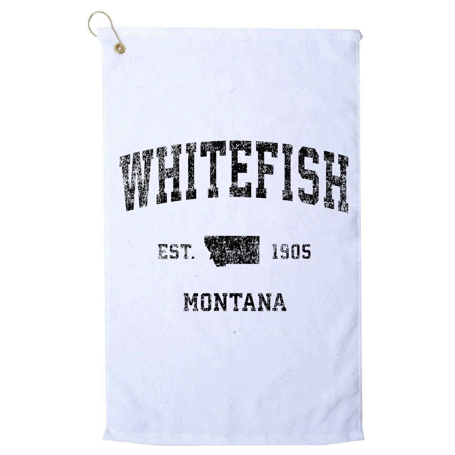 Whitefish Montana Mt Vintage Sports Design Black Print Golf Towel