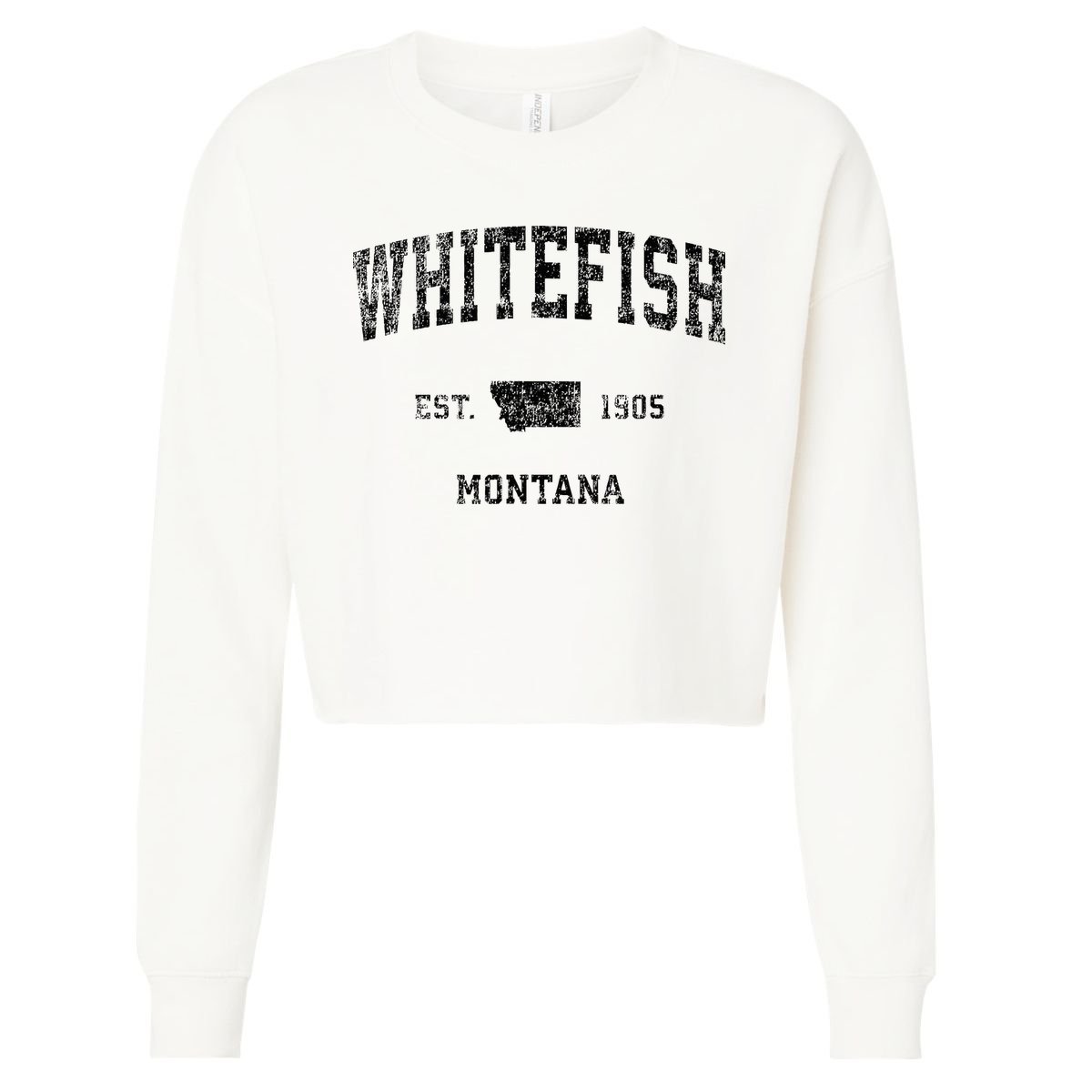Whitefish Montana Mt Vintage Sports Design Black Print Cropped Pullover Crew
