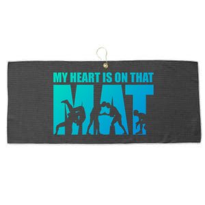 Wrestling Mother My Heart Is On That Mat Wrestling Gift Large Microfiber Waffle Golf Towel