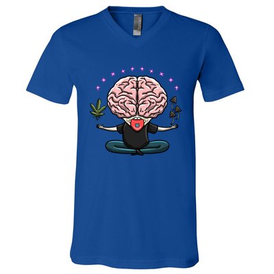 Weed Magic Mushroom Yoga Brain 420 Psychedelic Stoner Gift V-Neck T-Shirt