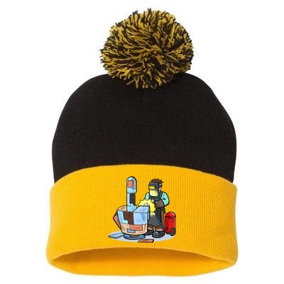 Welding Metal Middle Finger Welder Pom Pom 12in Knit Beanie