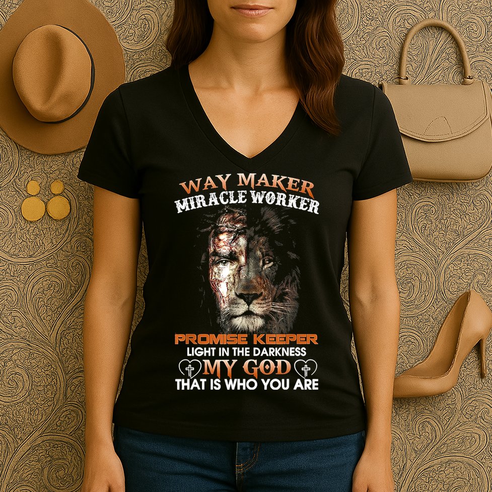 Way Maker Miracle Worker Promise Keeper Light Jesus Lion Women's V-Neck T-Shirt