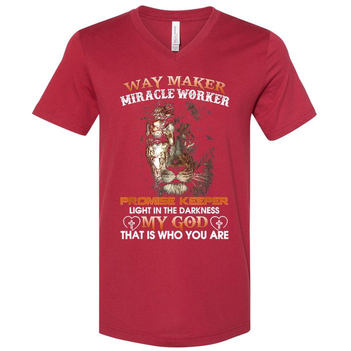 Way Maker Miracle Worker Promise Keeper Light Jesus Lion V-Neck T-Shirt
