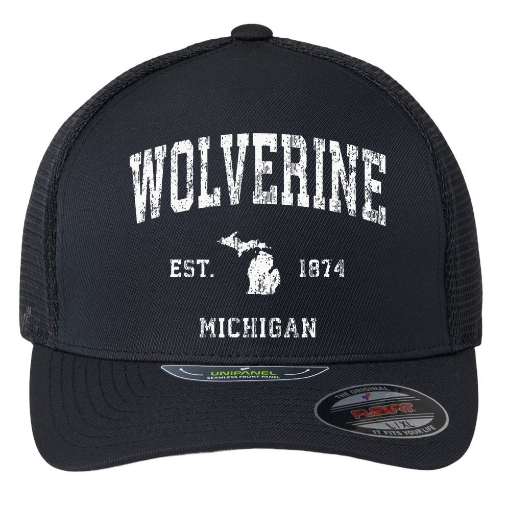 Wolverine Michigan MI Vintage Athletic Sports Design Flexfit Unipanel Trucker Cap