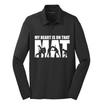 Wrestling Mother My Heart Is On That Mat Wrestling Gift Silk Touch Performance Long Sleeve Polo