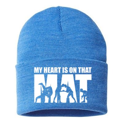 Wrestling Mother My Heart Is On That Mat Wrestling Gift Sustainable Knit Beanie