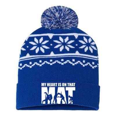 Wrestling Mother My Heart Is On That Mat Wrestling Gift USA-Made Snowflake Beanie